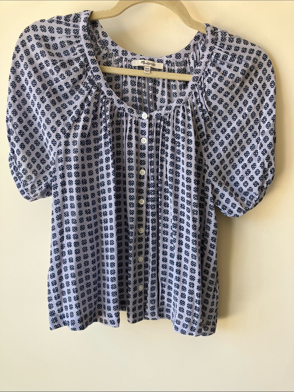 MADEWELL A-Line Puff Sleeve Blue Floral Button-Front Flowy Top Size XXS